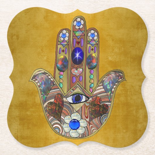 Dessous-de-verre En Papier Hamsa Coeurs Fleurs Opal Art sur Or (Devant)