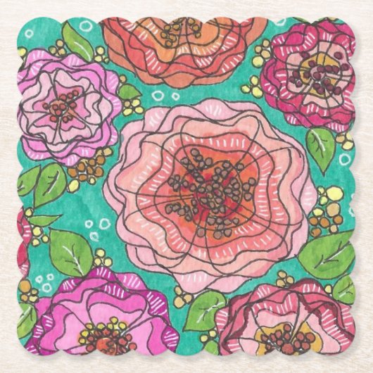 Dessous-de-verre En Papier "Hand-drawn Floral Delight Coaster Set" (Devant)