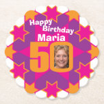 Dessous-de-verre En Papier Happy birthday 50th name and photo paper coasters<br><div class="desc">50e purple,  rose et orange yellow birthday paper coasters. Great to add a personal touch to a surprise 50th birthday celebration party. Personalize with your birthday girls photo in the 0 of 50 and personalize with your choice of name. Design by Sarah Trett for www.mylittleeden.com</div>
