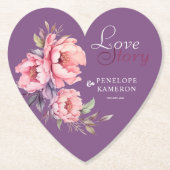 Dessous-de-verre En Papier Heart Violet Love Story Aquarelle Peony Mariage (Devant)