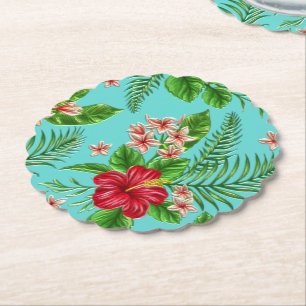 Dessous-de-verre En Papier Hibiscus Tropical Rose Cute Fleur Sur Turquoise