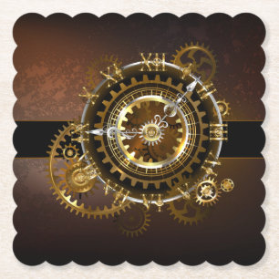 Dessous-de-verre En Papier Horloge Steampunk avec des engrenages anciens