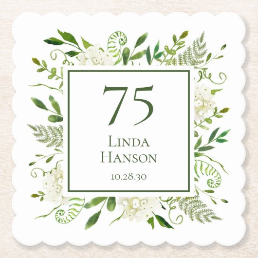 Dessous-de-verre En Papier Hydrangeas blanches pour 75e anniversaire (Devant)