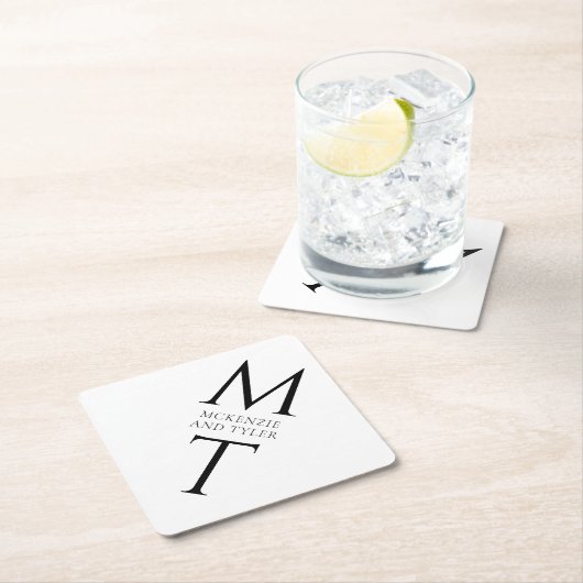 Dessous-de-verre En Papier Initiales en noir monogramme moderne (En situation)