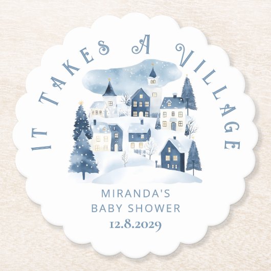 Dessous-de-verre En Papier It takes a Village Winter Night Snow Baby Shower (Devant)