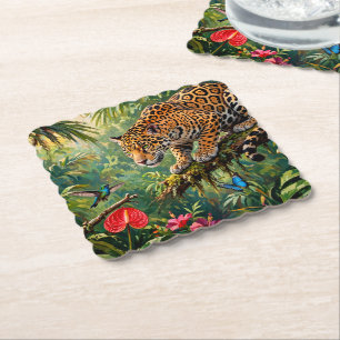 Dessous-de-verre En Papier Jaguar Forêt Tropicale Colibris Papillons Fleurs