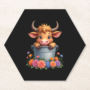 Dessous-de-verre En Papier Joli bébé vache des Highlands avec fleurs Veau Ani
