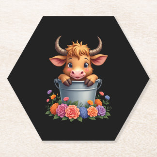 Dessous-de-verre En Papier Joli bébé vache des Highlands avec fleurs Veau Ani