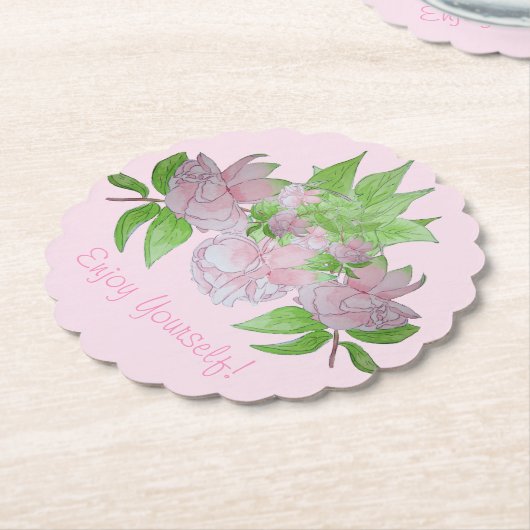 Dessous-de-verre En Papier jolies fleurs roses avec feuilles florales (Incliné)