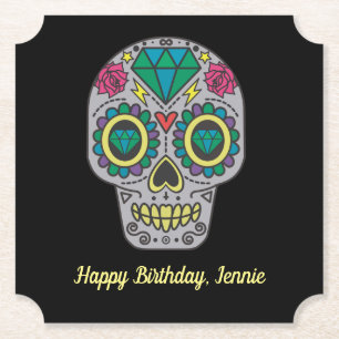 Dessous-de-verre En Papier Jour du crâne mort avec Rose et cristal