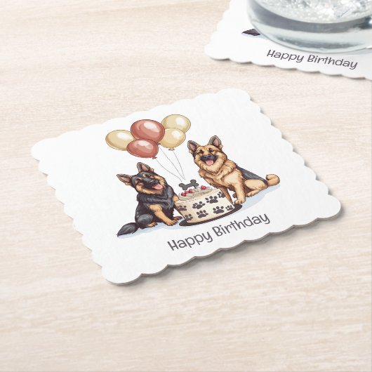 Dessous-de-verre En Papier Joyeux Anniversaire Chiens berger allemands Gâteau (Incliné)