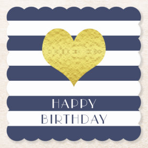 Dessous-de-verre En Papier Joyeux Anniversaire Cœur Doré Rayures Bleues et Bl
