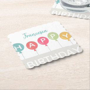 Dessous-de-verre En Papier Joyeux anniversaire coloré ballons nom personnalis