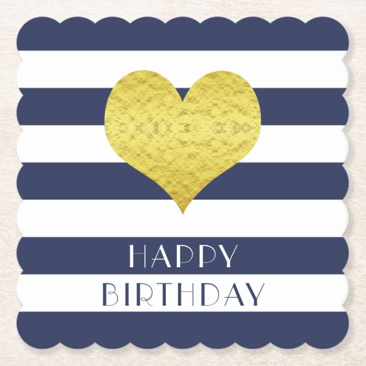 Dessous-de-verre En Papier Joyeux Anniversaire Or Coeur Bleu Bleu Blancs (Devant)