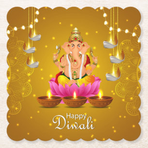 Dessous-de-verre En Papier Joyeux Diwali avec Diya, Rangoli et Ganesh