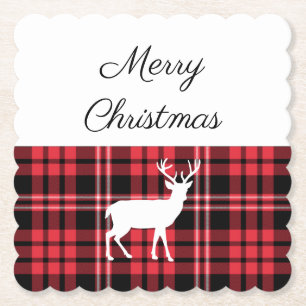 Dessous-de-verre En Papier Joyeux Noël Cerf à Carreaux Rouge Rustique