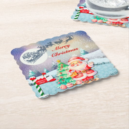 Dessous-de-verre En Papier Joyeux Noël Père Noël, Sleigh, Reindeer, Snowflake (Incliné)