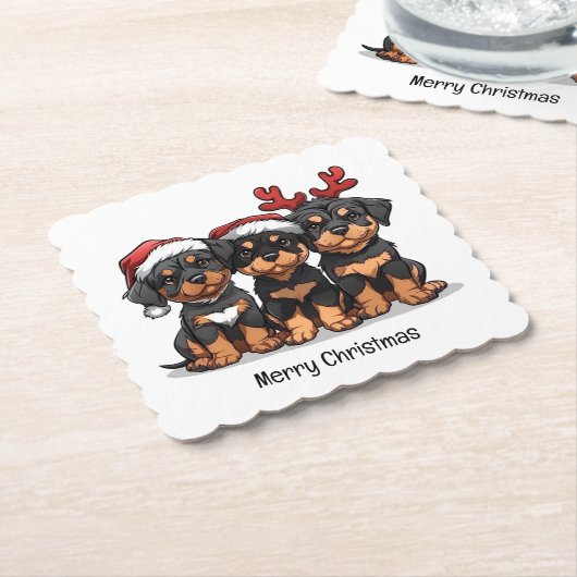 Dessous-de-verre En Papier Joyeux Noël Rottweiler Chien Père Noël (Incliné)