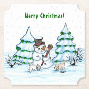 Dessous-de-verre En Papier Joyeux Noël ! Snowman avec chat et chiot
