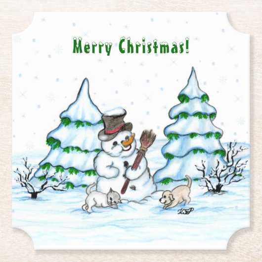 Dessous-de-verre En Papier Joyeux Noël ! Snowman avec chat et chiot (Devant)