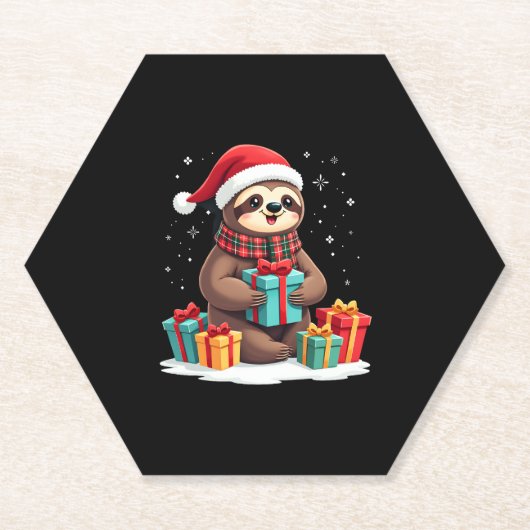 Dessous-de-verre En Papier Joyeux Slothmas mignon Noël paresseux Noël chapeau (Devant)