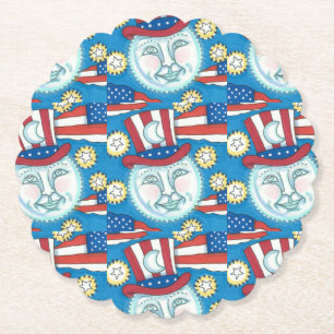 DESSOUS-DE-VERRE EN PAPIER L'AMÉRICANA FOLK ART PATRIOTIQUE HOMME DANS LA LUN
