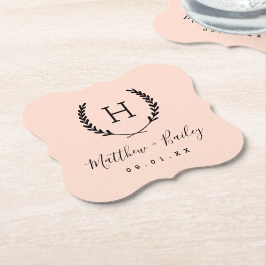Dessous-de-verre En Papier Laurel Crest Mariage Monogramme | Blush (Incliné)