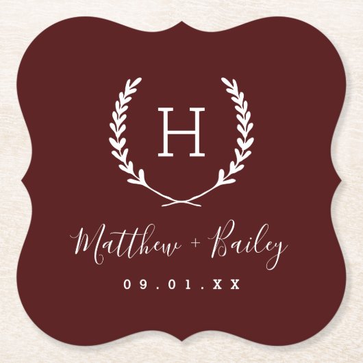 Dessous-de-verre En Papier Laurel Crest Mariage Monogramme | Bourgogne (Devant)