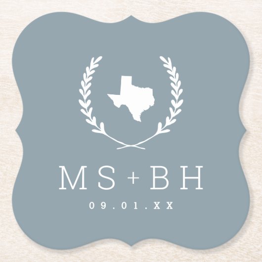 Dessous-de-verre En Papier Laurel Crest Texas Mariage Monogramme | Dusty Blue (Devant)