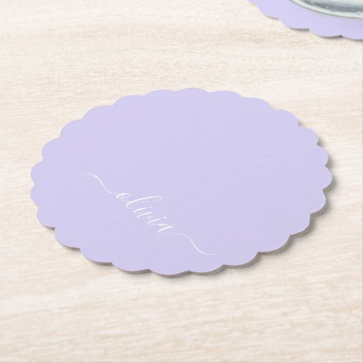 Dessous-de-verre En Papier Lavande Purple Script Moderne Fille Monogramme Nom (Incliné)