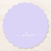 Dessous-de-verre En Papier Lavande Purple Script Moderne Fille Monogramme Nom (Devant)