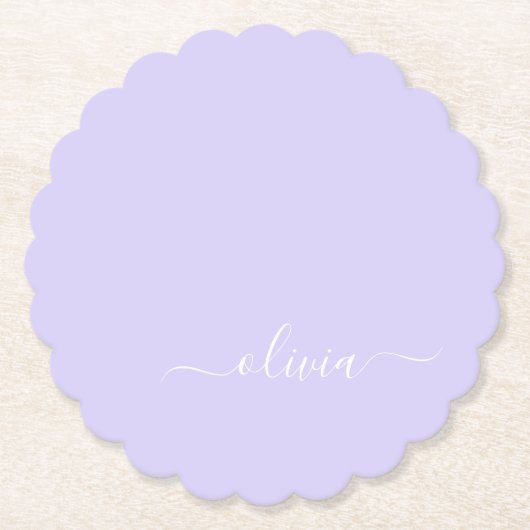 Dessous-de-verre En Papier Lavande Purple Script Moderne Fille Monogramme Nom (Devant)