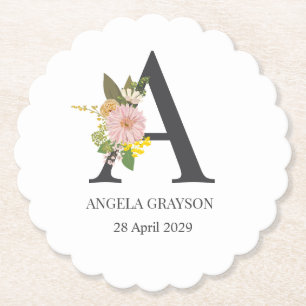 Dessous-de-verre En Papier Lettre A Monogramme Floral Nom et Date Personnalis