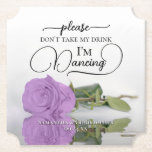 Dessous-de-verre En Papier Lilac Purple Rose Ne prenez pas mon Mariage de boi<br><div class="desc">Ce dessous de verre mariage est élégant, élégant et amusant ! Il comprend une photo d'un seul rose à long tige clair violet ou lilas allongé sur son côté, miroir dans un bassin d'eau. Le texte dit : "S'il vous plaît ne prenez pas mon verre, je danse" écrit dans des...</div>