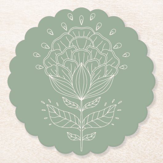 Dessous-de-verre En Papier Lotus fleur ligne blanche dessin floral vert tige (Devant)