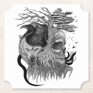 Dessous-de-verre En Papier Loup et corbeau avec crâne