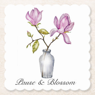Dessous-de-verre En Papier Magnolia Rose Élégant Aquarelle dans un Vase en Ve