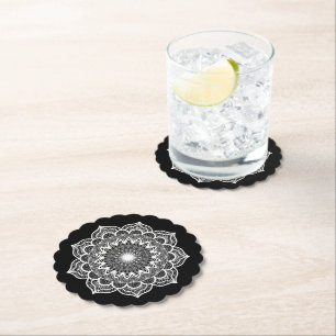 Dessous-de-verre En Papier Mandala blanc sur fond noir