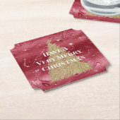 Dessous-de-verre En Papier Marbre rouge Parties scintillant or arbre de Noël (Incliné)