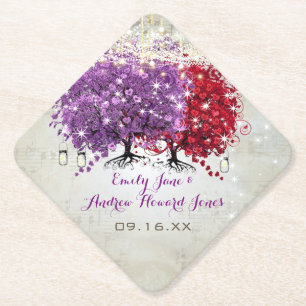 Dessous-de-verre En Papier Mariage Arbre à Feuille de Cœur Rouge Violet Music
