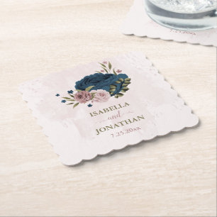 Dessous-de-verre En Papier mariage botanique bleu marine rose
