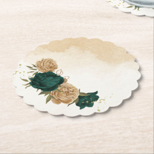 Dessous-de-verre En Papier Mariage botanique vert émeraude beige or