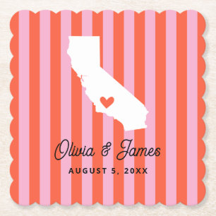Dessous-de-verre En Papier Mariage Californien Moderne Rayures Rouges et Rose