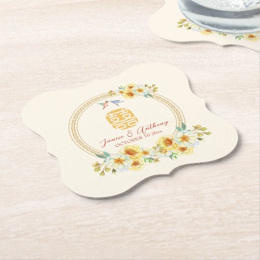 Dessous-de-verre En Papier Mariage chinois cadre jaune oiseau fleuri élégant (Incliné)