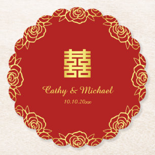 Dessous-de-verre En Papier Mariage chinois floral rose papier découpé rouge e