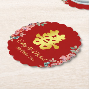 Dessous-de-verre En Papier Mariage chinois rouge double bonheur floral