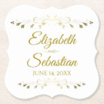 Dessous-de-verre En Papier Mariage classique simple élégant en filigrane d'or<br><div class="desc">Ces beaux dessous de verre feront votre dîner de réception ou de répétition de mariage vraiment spécial. Conçu comme partie de notre suite élégante de mariage de feuille d'or, ils comportent une conception simple pourtant élégante avec le texte d'or sur un arrière - plan blanc avec une frontière florale d'aluminium...</div>