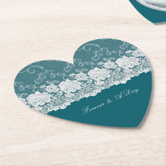 Dessous-de-verre En Papier Mariage de dentelle turquoise bleu blanc (Incliné)