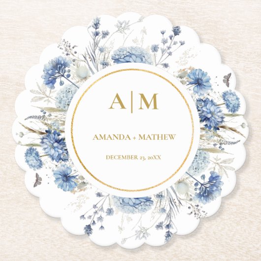 Dessous-de-verre En Papier Mariage de fleurs de printemps bleu Dusty (Devant)