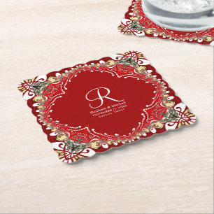 Dessous-de-verre En Papier Mariage de monogramme Batik de Bohême Rouge